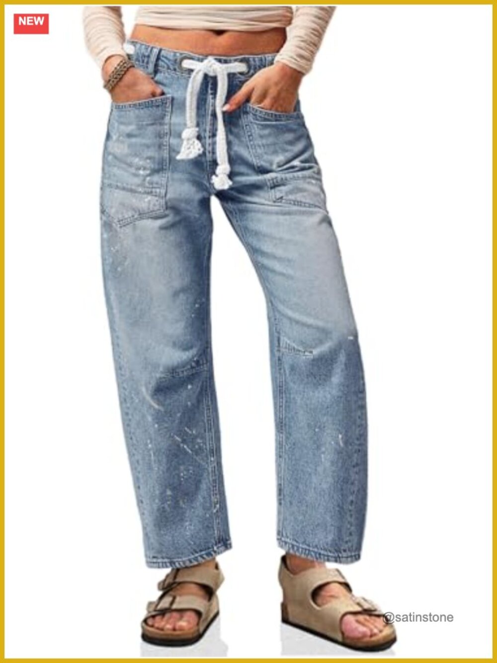 Baggy Barrel Horseshoe Jeans Wide Leg Drawstring Patch Pockets Paint Splatter